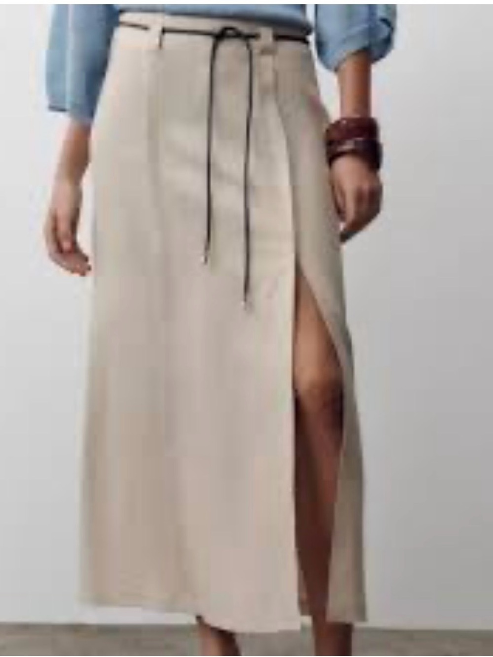 Zara Linen Blend Beige High-Slit Midi Skirt